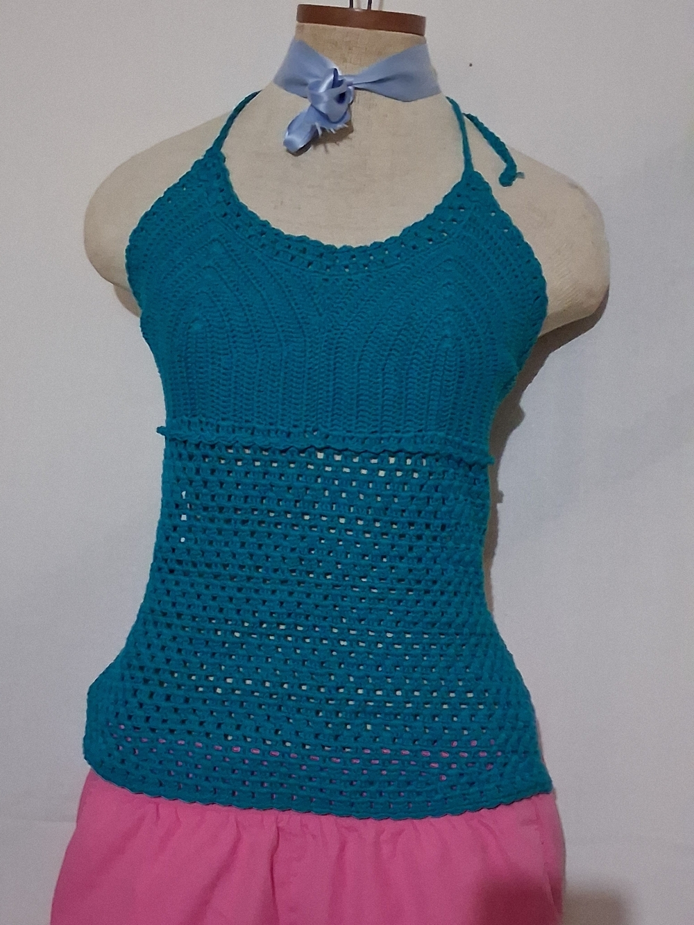 Express Teal Crochet Halter Backless Top Size Medium